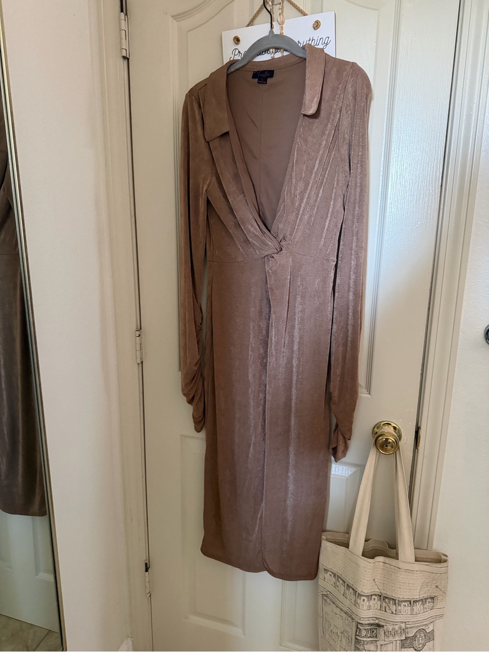 Fiesta Taupe Brown Velvet Long Sleeve Wrap Dress